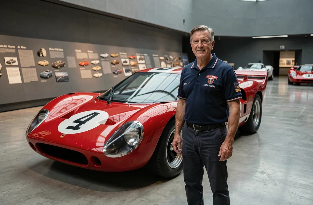 Visiteur admirant une voiture de course historique au Musée des 24 Heures du Mans