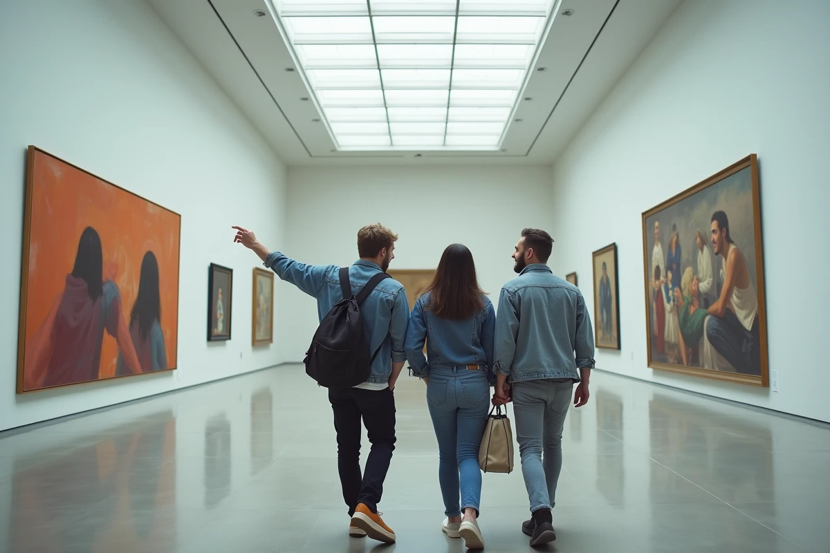Groupe d'amis visitant gratuitement le Musée d'Art Moderne de Paris et admirant des œuvres contemporaines