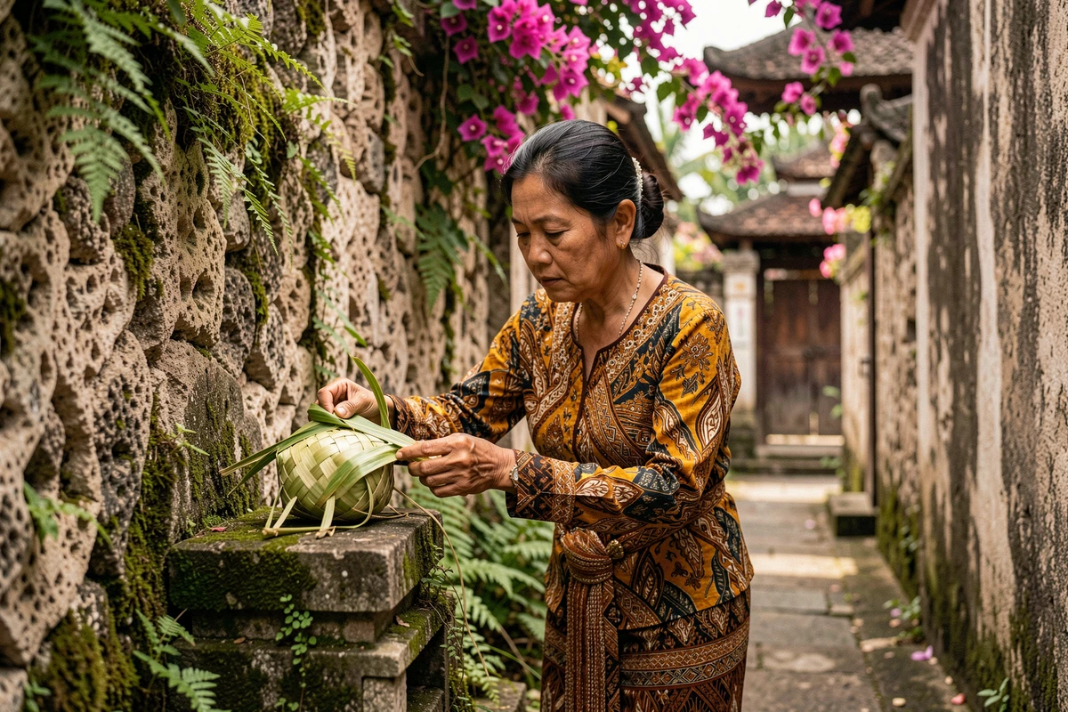 Femme balinaise déposant une offrande traditionnelle canang sari dans une ruelle de Padangbai