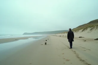 Vue panoramique d'Omaha Beach en Normandie à marée basse avec obstacles de plage historiques et homme contemplant l'horizon