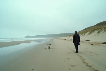 Vue panoramique d'Omaha Beach en Normandie à marée basse avec obstacles de plage historiques et homme contemplant l'horizon
