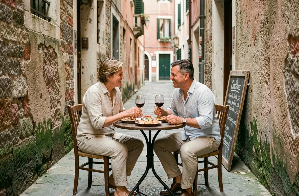 Couple savourant des cicchetti dans une osteria authentique d'une ruelle calme de Venise loin des foules touristiques
