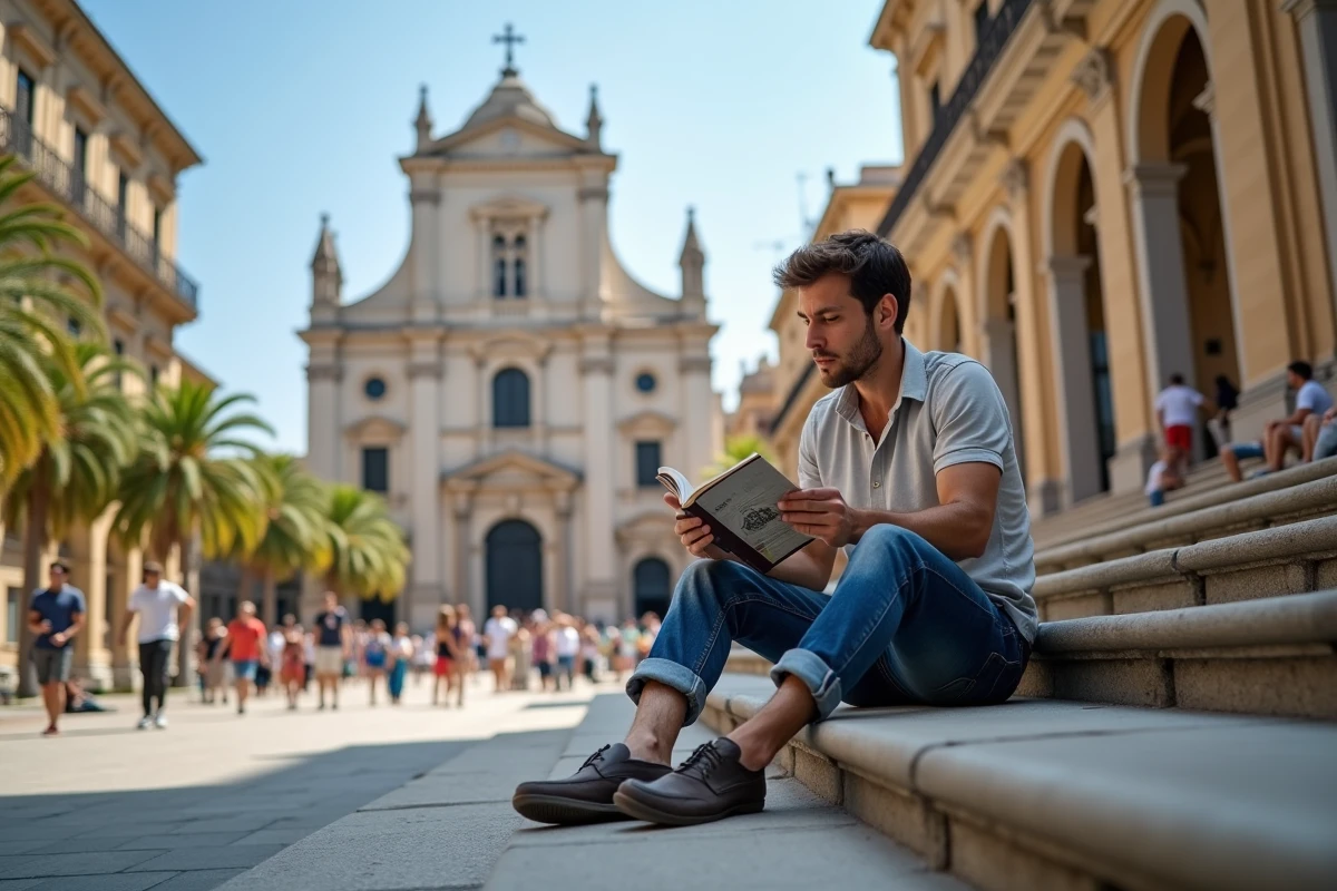 Jeune homme assis devant la cath&eacute;drale de Palerme