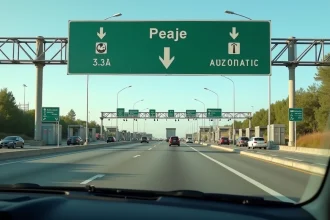 Panneau de péage autoroutier espagnol avec inscription Peaje et voies de paiement distinctes