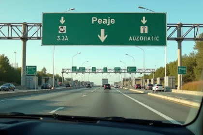 Panneau de péage autoroutier espagnol avec inscription Peaje et voies de paiement distinctes