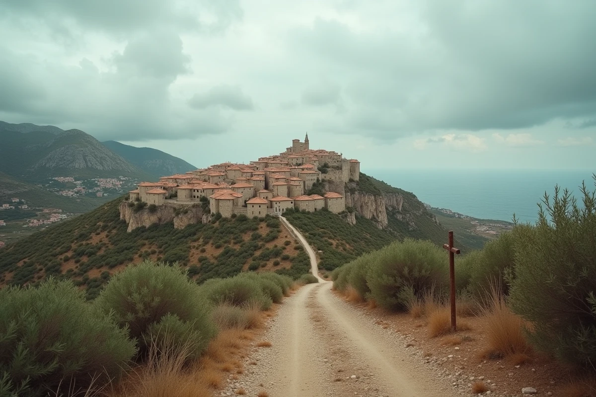 Vue panoramique de Corleone sur les collines siciliennes, village historique entre tradition rurale et mémoire de la mafia
