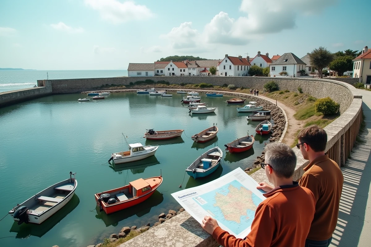 Vue panoramique sur un port de l'île de Ré avec bateaux de pêche colorés et couple consultant une carte touristique de l'île