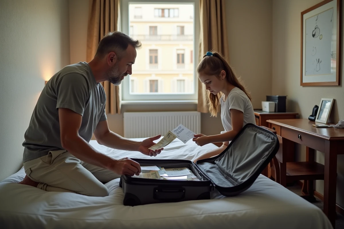 Père et fille vérifient leurs dépenses de vacances dans la chambre