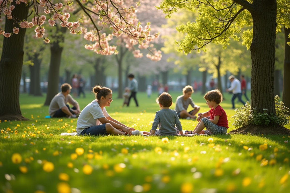 Parc printanier avec familles et fleurs en pleine floraison
