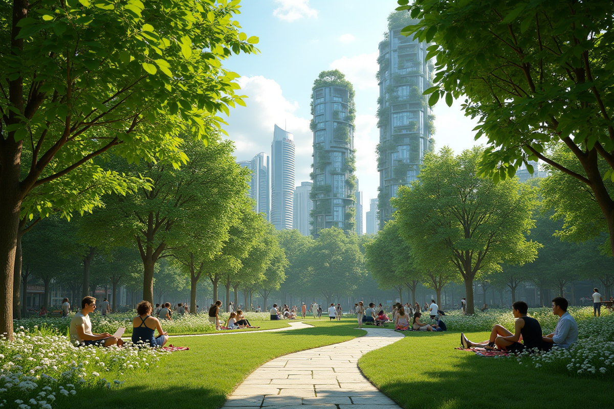Parc urbain futuriste en 2050 avec arbres et gratte-ciel
