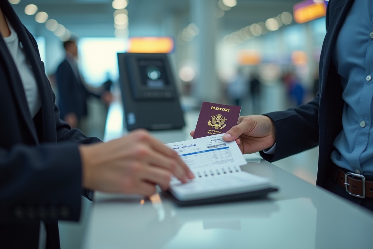 Personne montrant son passeport et billet d'avion à l'aéroport