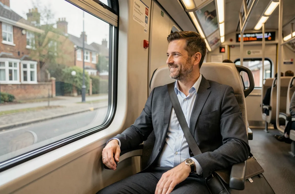 Passager en train express depuis Gatwick vers Londres regardant le paysage suburbain par la fenêtre