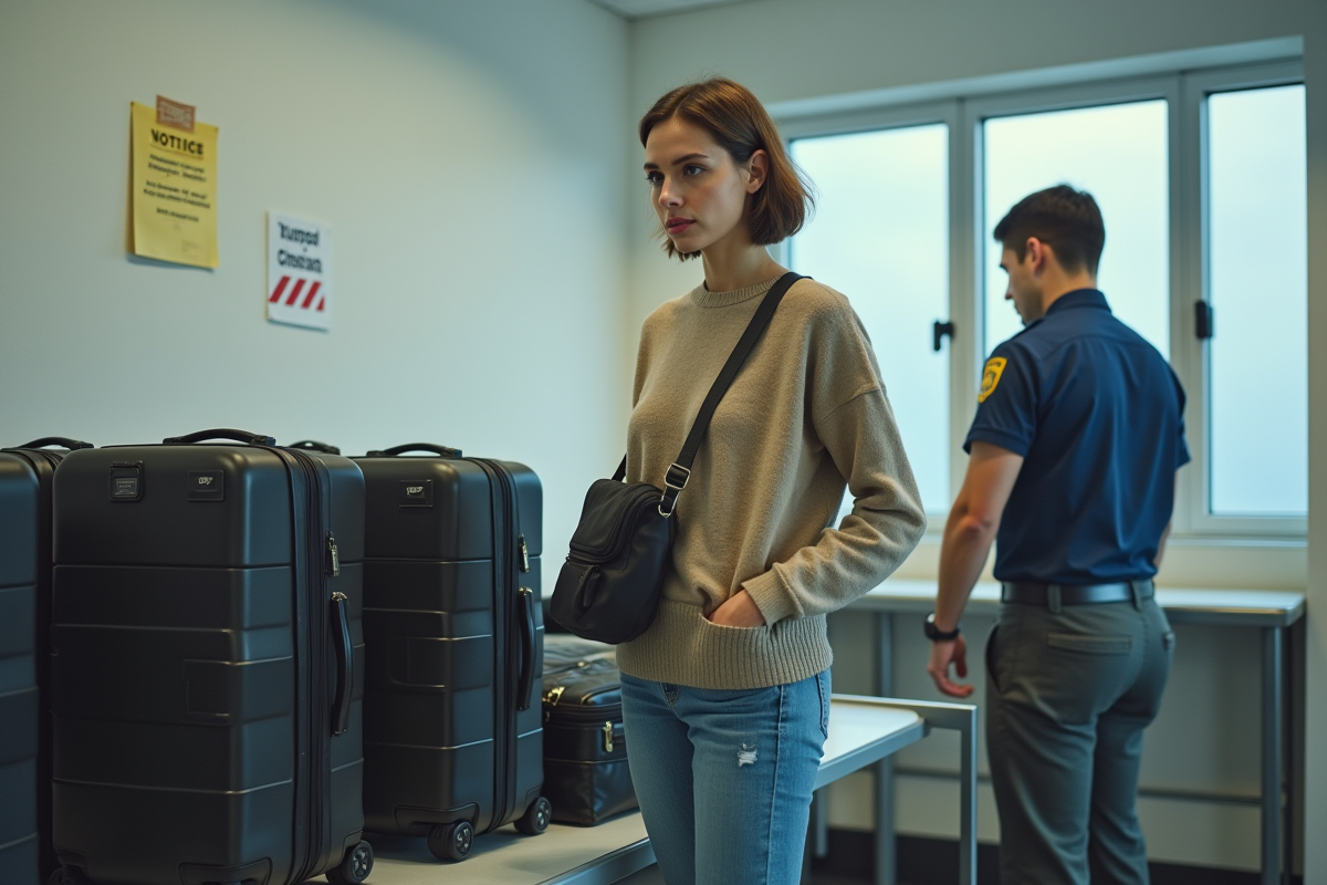 Passagere regardant un agent inspecter ses bagages