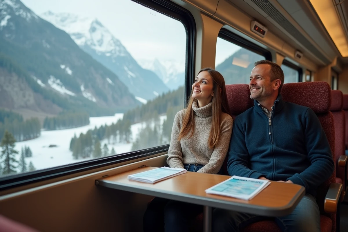 Passagers dans un wagon panoramique suisse admirant les montagnes enneigées à travers de grandes fenêtres incurvées