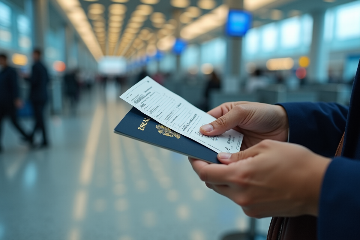 Mains tenant un passeport et un billet d'avion à l'aéroport