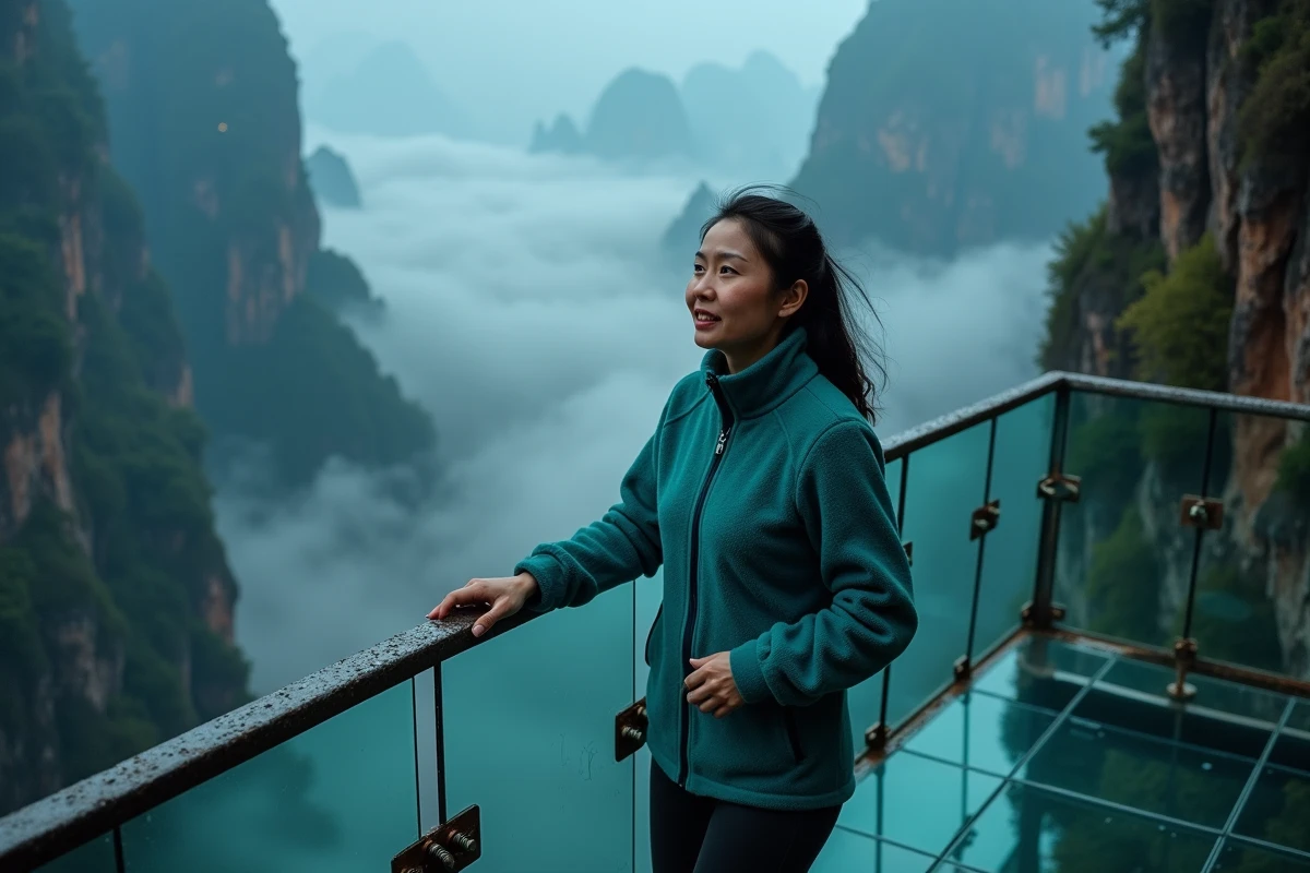 Femme traversant la passerelle en verre vertigineuse de Tianmen Mountain à Zhangjiajie lors d'une expérience nocturne unique