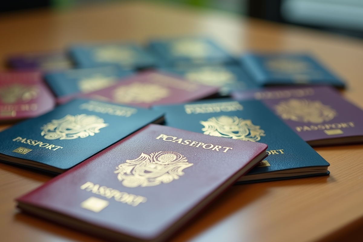 Passeports du monde avec visas sur une table en bois