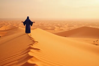 Paysage désertique marocain au Sahara avec dunes de sable et guide berbère en djellaba indigo