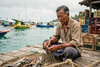 Pêcheur balinais réparant ses filets sur le port traditionnel de Padangbai, Bali