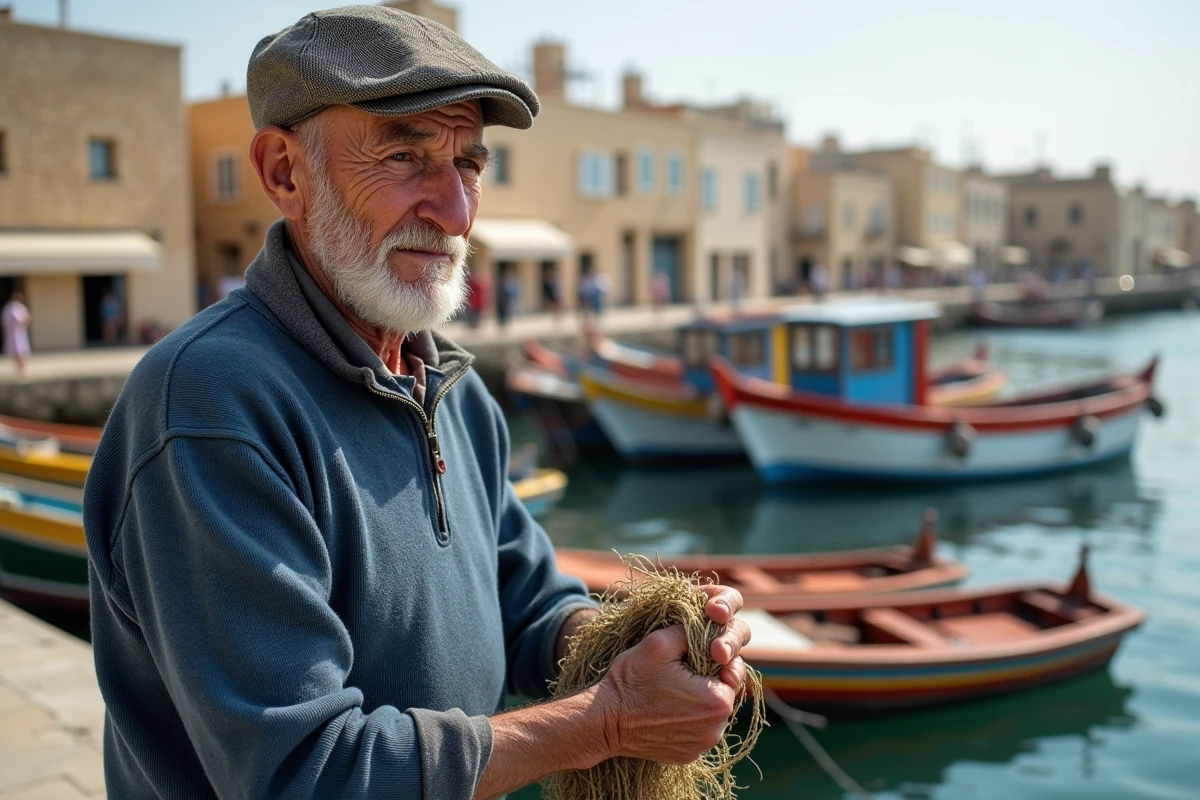 Pêcheur maltais âgé sur le quai de Marsaxlokk avec bateaux colorés