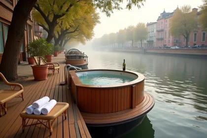Péniche avec jacuzzi amarrée le long des berges de la Garonne à Toulouse, vue depuis le quai au lever du matin
