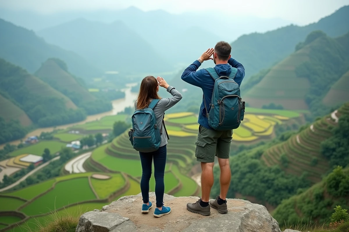 Père et fille admirant la rizière en terrasse au Vietnam