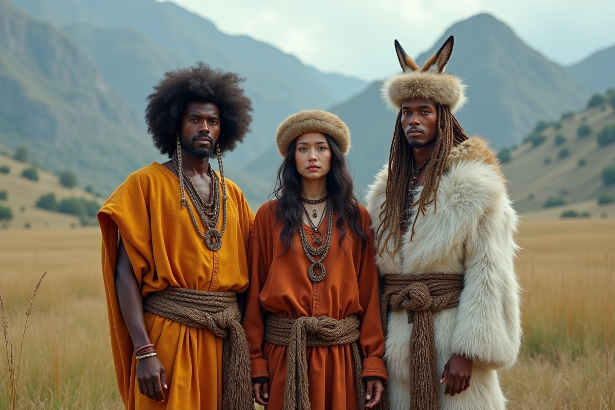 Trois personnes en vêtements traditionnels dans différents milieux naturels