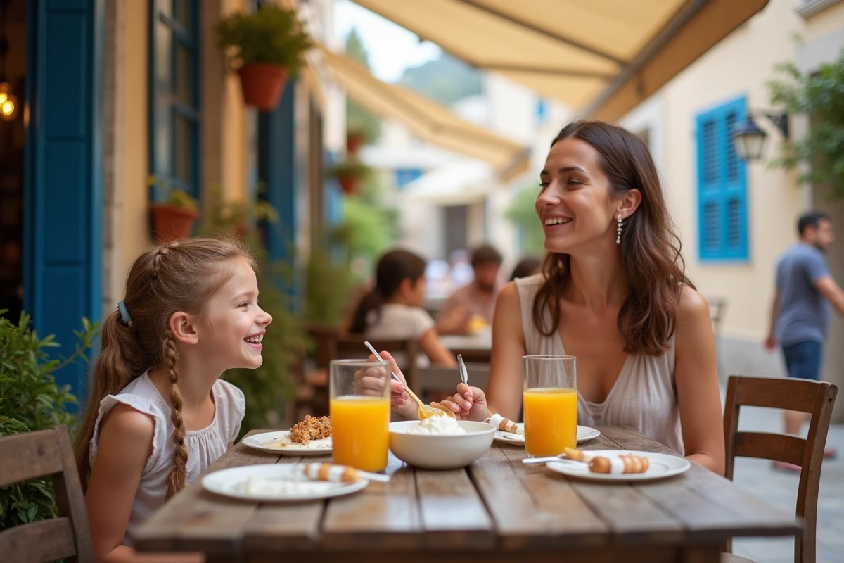 Mère et enfants savourant un petit-déjeuner grec en terrasse dans le quartier Plaka à Athènes