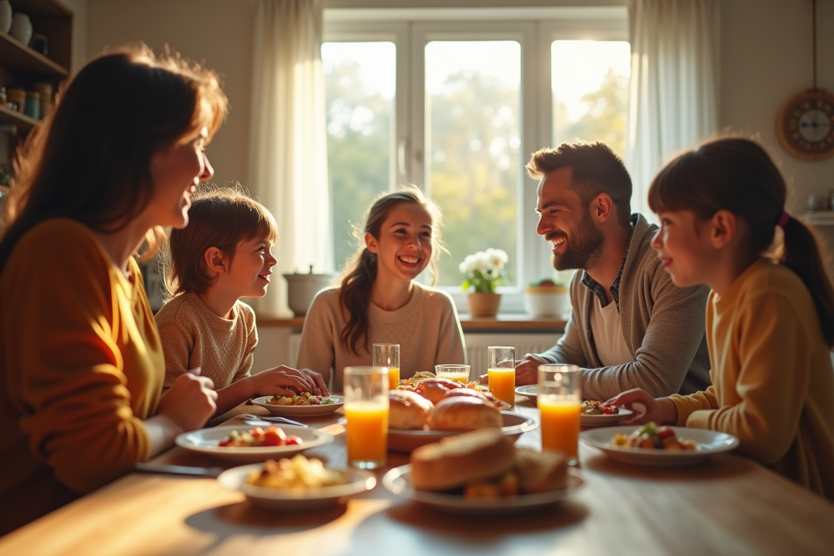 Petit déjeuner familial convivial dans une cuisine lumineuse
