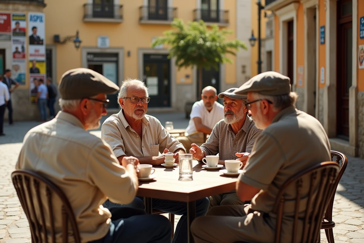 Habitants de Corleone réunis en place publique autour d'un café, murales anti-mafia visibles en arrière-plan