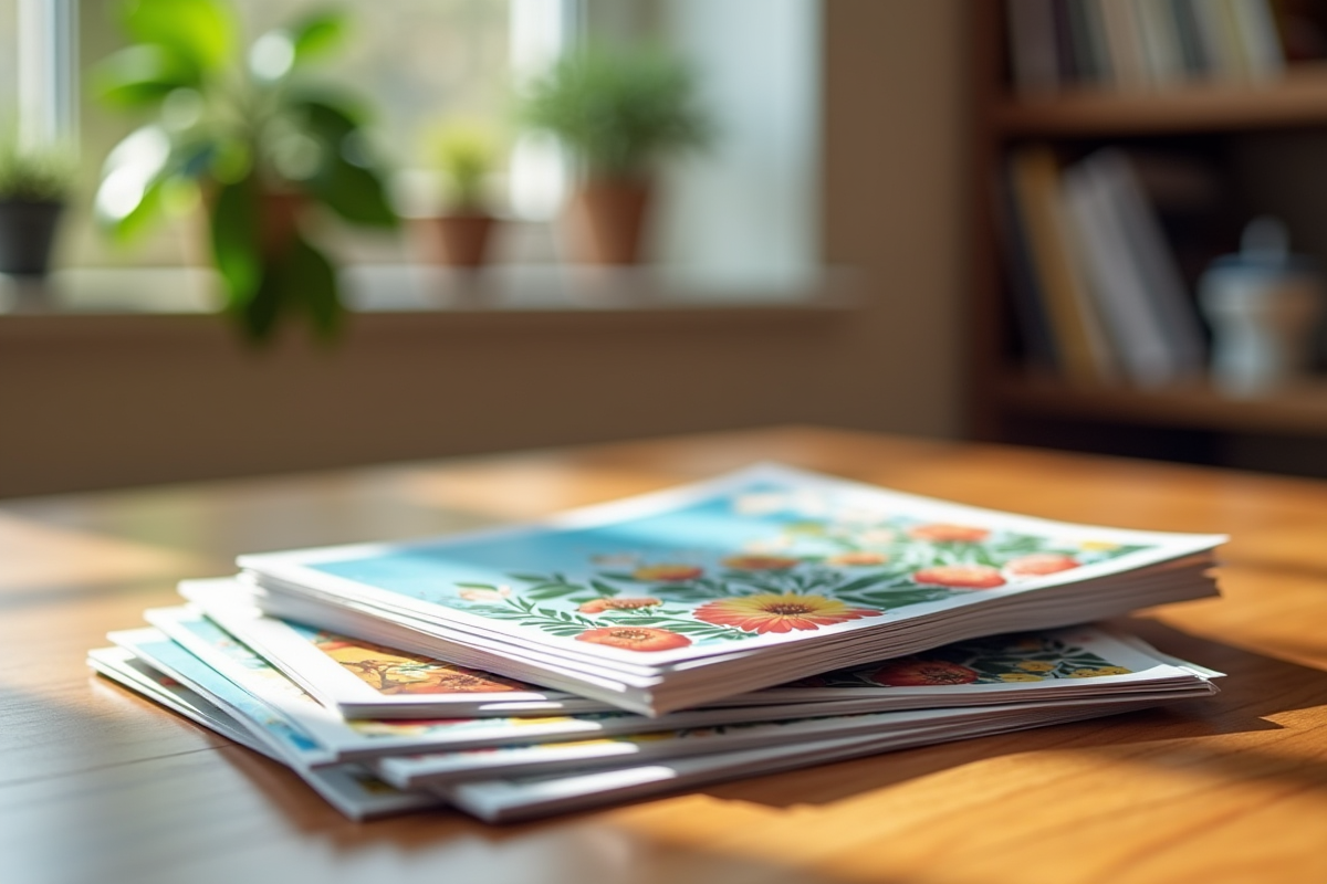 Pile de cartes postales colorées sur une table en bois