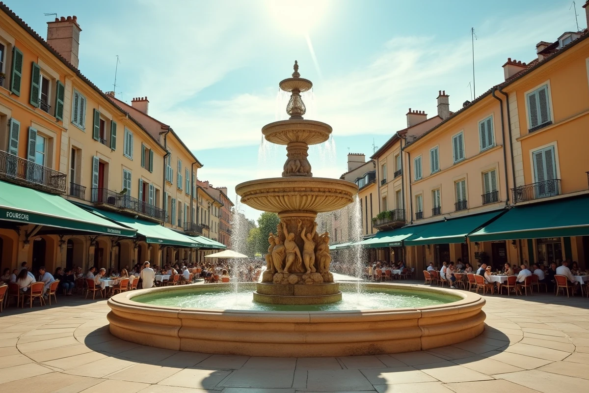 La fontaine de la Rotonde sur la grande place centrale d'Aix-en-Provence vue depuis une terrasse de café