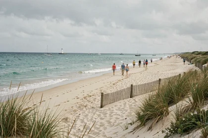 Plage de La Cotinière sur l'île d'Oléron avec ses dunes, bateaux de pêche et promeneurs au bord de l'eau