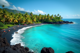 Plage tropicale à la Réunion avec sable noir et eaux turquoise
