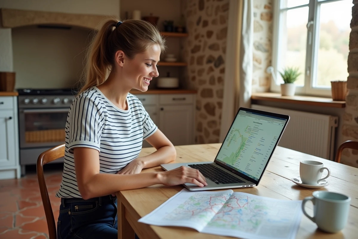 Femme planifiant un itinéraire de vacances en famille sur ordinateur avec carte routière