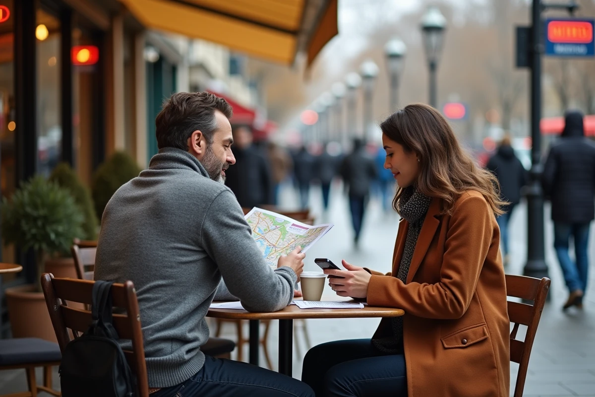 Couple planifiant leur week-end au Salon nautique international de Paris depuis une terrasse de café près de la Porte de Versailles