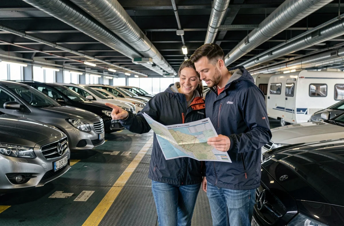 Couple consultant une carte de traversée de ferry sur le pont voiture d'un navire européen à côté de leur voiture