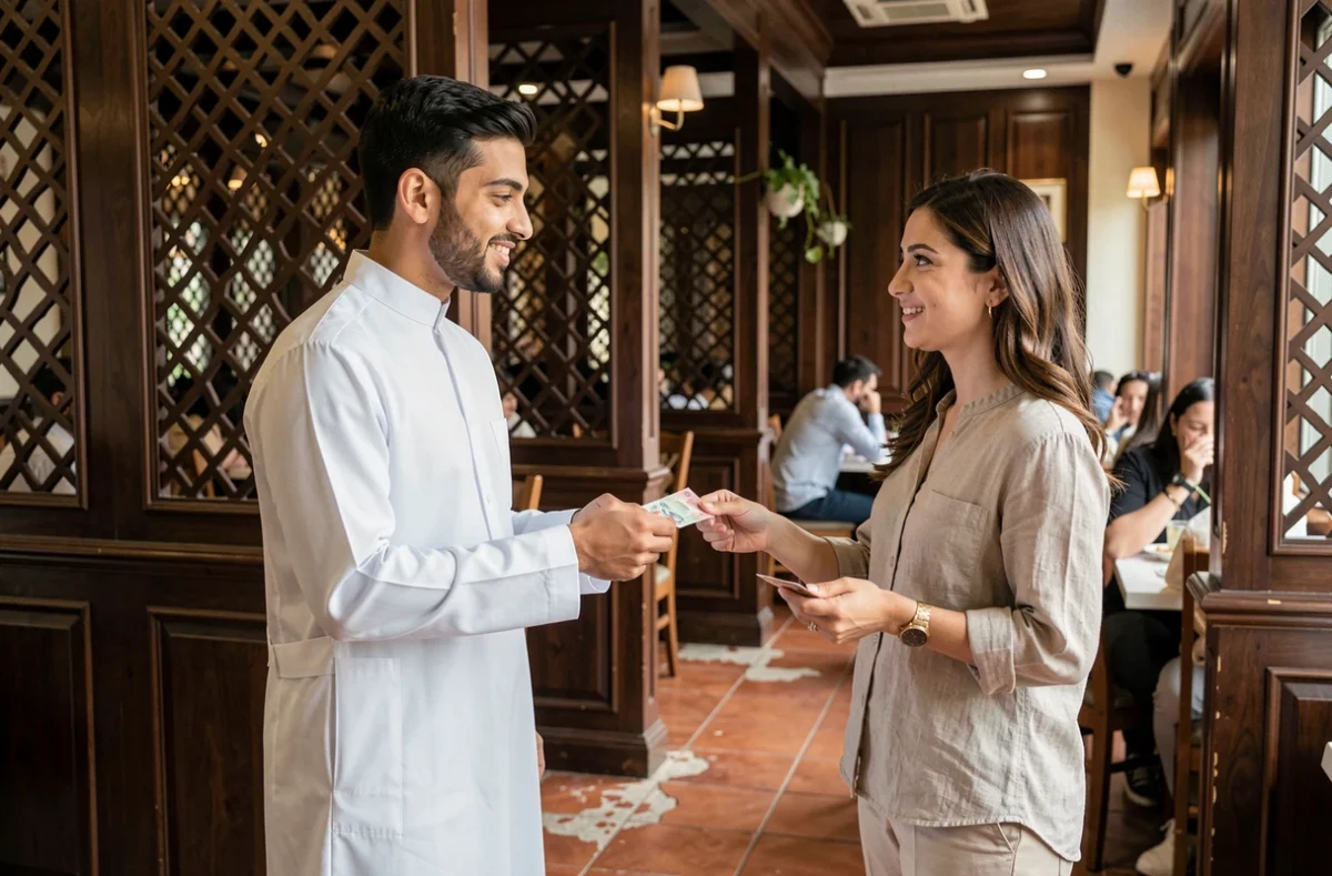 Touriste donnant un pourboire en dirhams à un serveur dans un restaurant traditionnel de Deira Dubaï