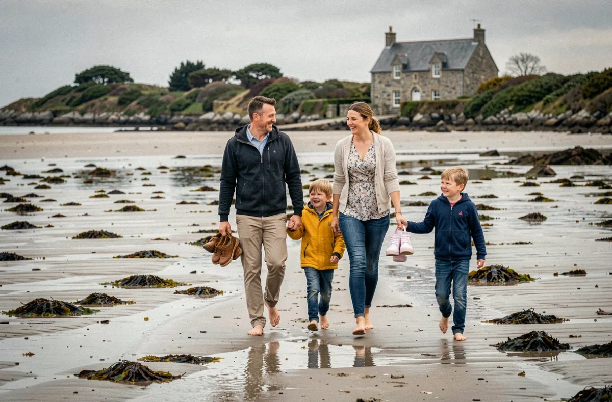 Famille se promenant pieds nus sur le sable à marée basse à la plage de Conleau près de Vannes