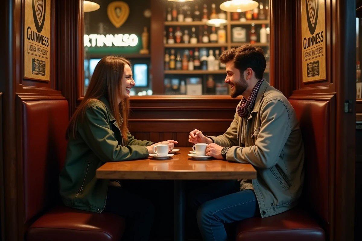 Deux voyageurs partageant un thé et du soda bread dans un pub traditionnel irlandais à Dublin à petit prix