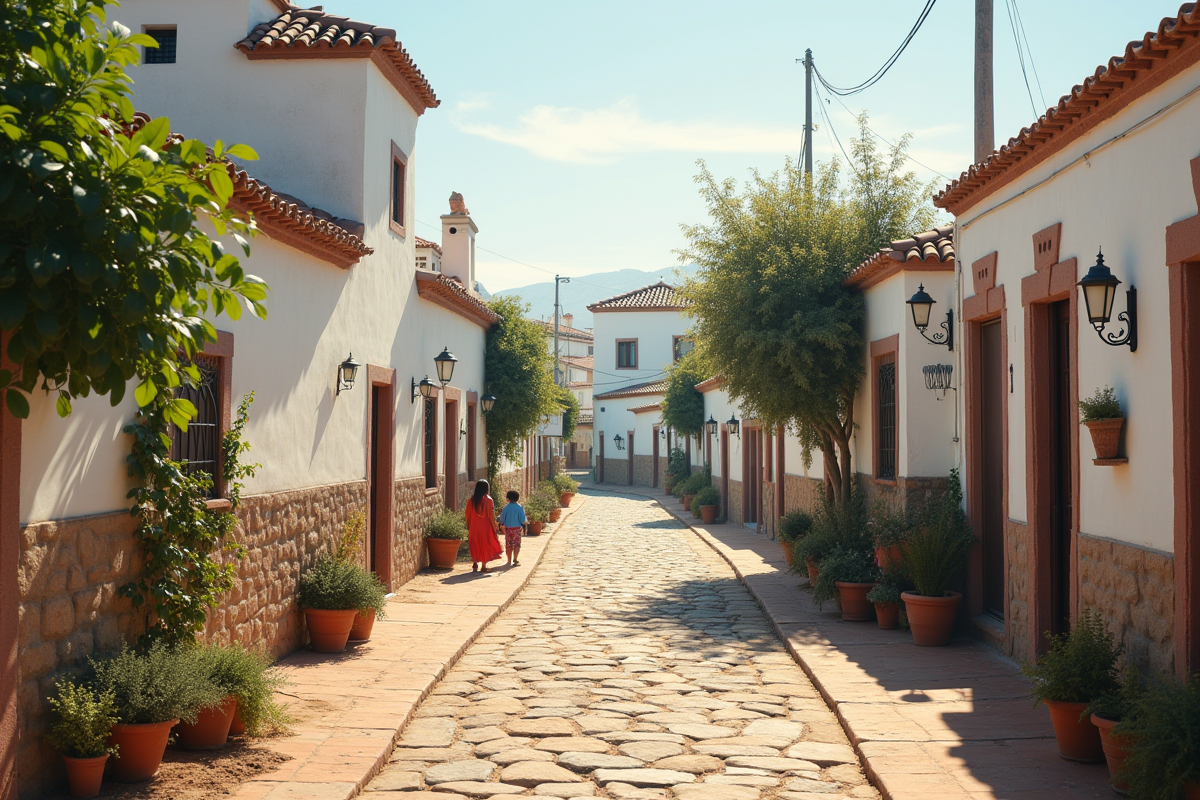 Quartier résidentiel marocain avec maisons blanches et enfants jouant