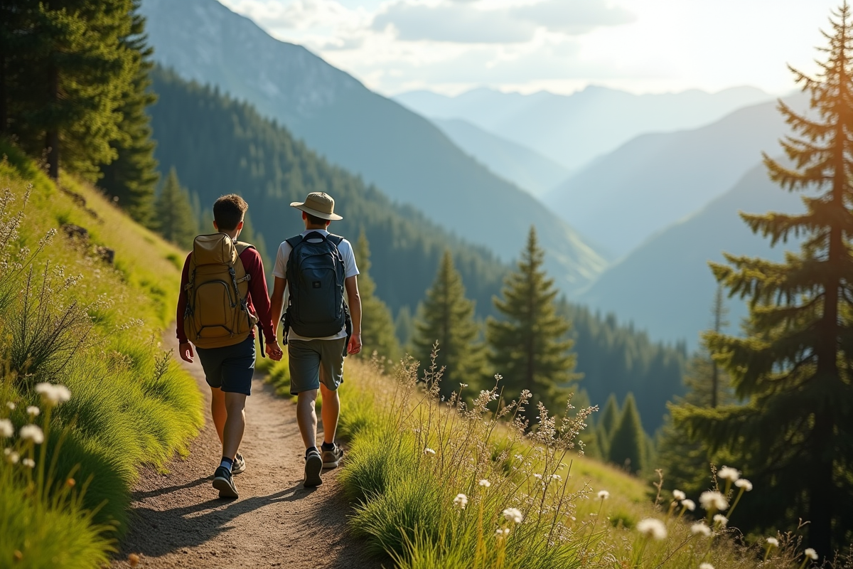 Jeune couple en randonnée sur un sentier de montagne