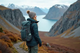 Femme en randonnée dans les fjords de Lofoten