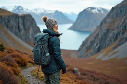 Femme en randonn&eacute;e dans les fjords de Lofoten