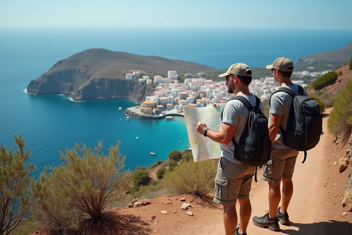 Père et fils en randonnée sur les hauteurs d'une île Éolienne avec vue panoramique sur le village et le port