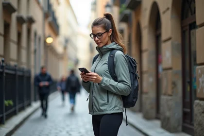 Femme consultant Google itinéraire à pied sur smartphone lors d'une randonnée urbaine dans une rue pavée