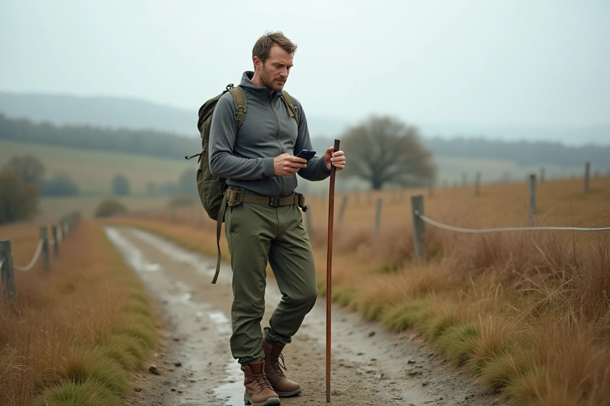 Randonneur vérifiant son itinéraire Google Maps à pied sur un sentier de campagne en automne