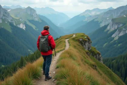 Randonneur en red windbreaker sur la cr&ecirc;te alpine