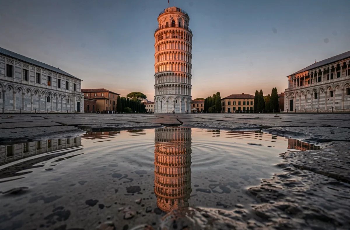 Reflet de la tour de Pise dans une flaque d'eau au sol au coucher du soleil avec des teintes cuivrées