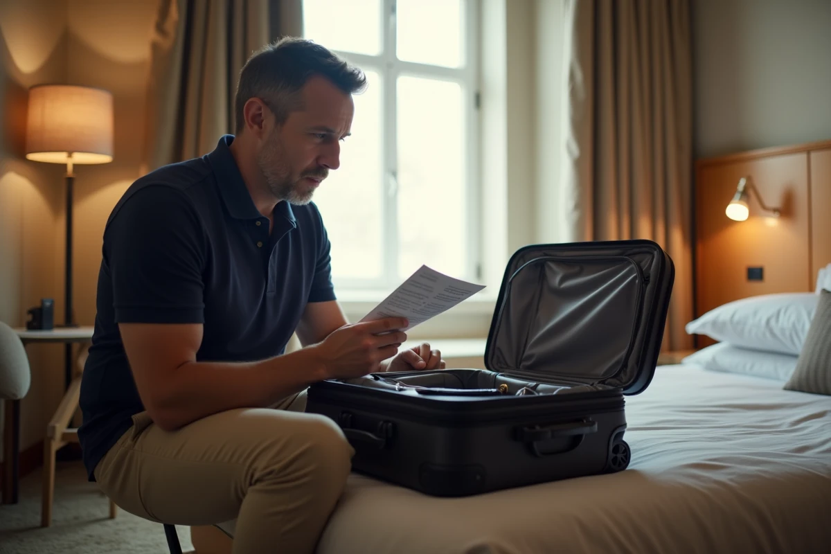 Homme consultant la notice de remise à zéro d'un cadenas de valise dans une chambre d'hôtel